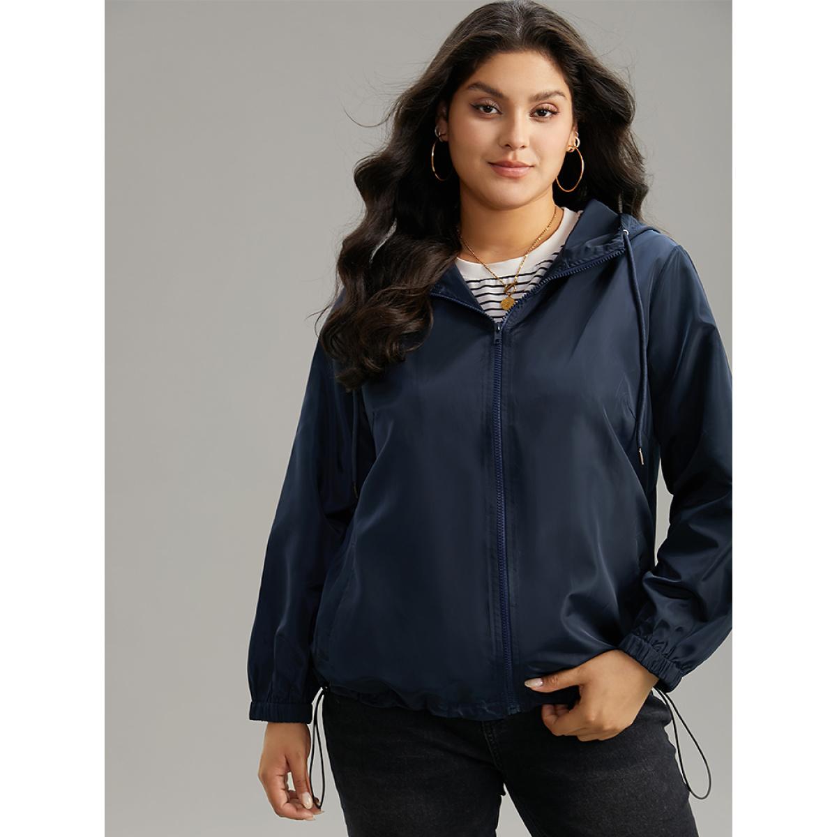 Plus Size Solid Drawstring Zipper Hooded Jacket Women Indigo Elastic cuffs Pocket Dailywear Jackets BloomChic 10/M Product Image