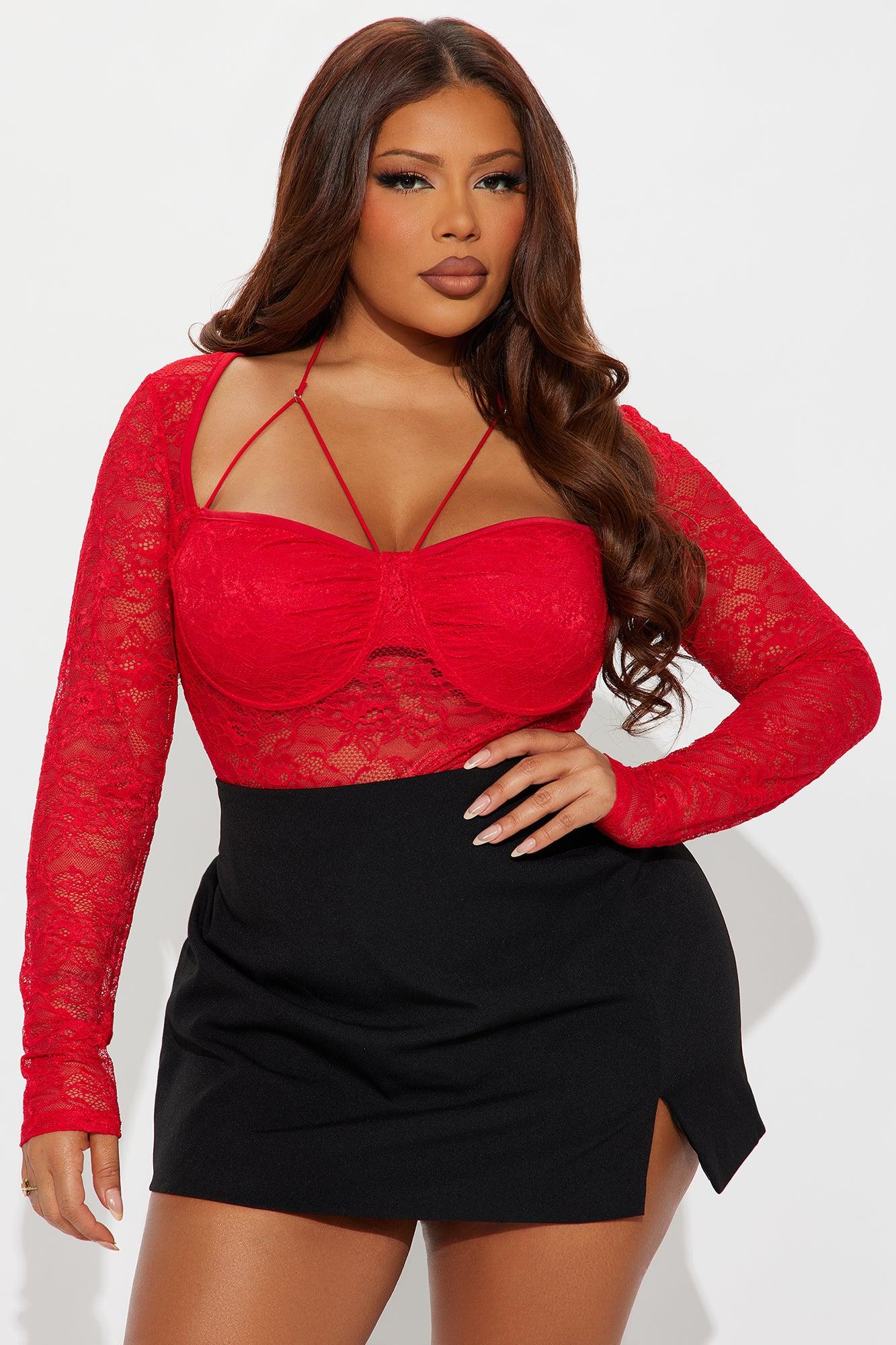 Hannah Sheer Lace Long Sleeve Bodysuit - Red Female Product Image