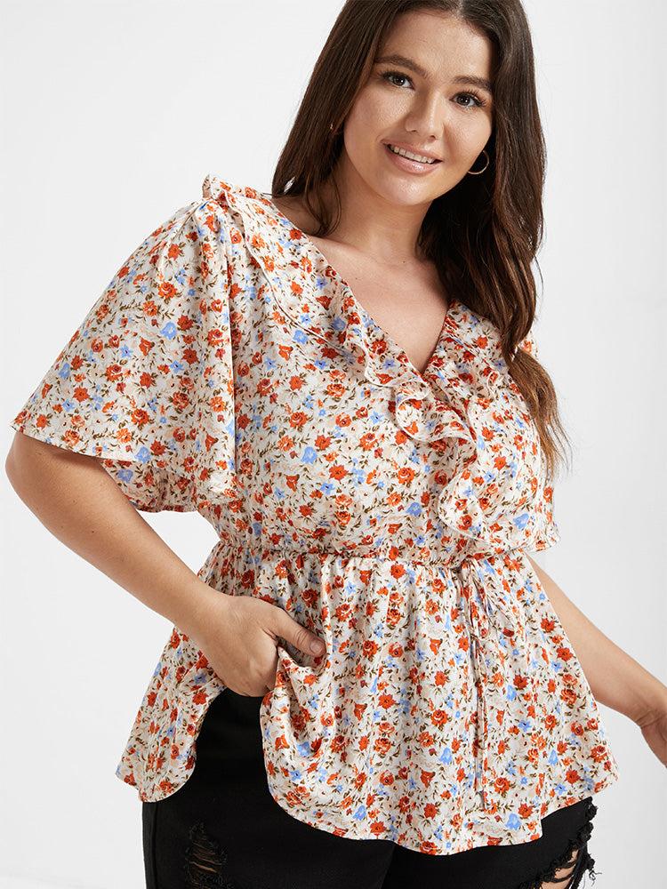 Ditsy Floral V Neck Ruffle Tie Front Blouse Female Product Image