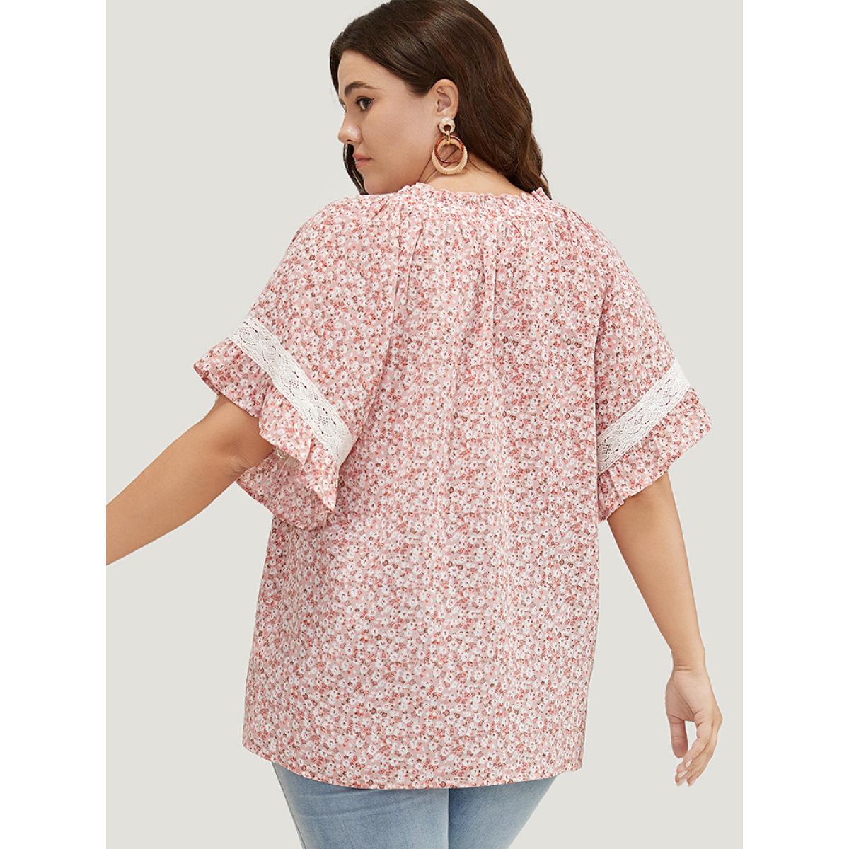 Plus Size Crepe Ditsy Floral Frill Trim Lace Ruffle Sleeve Tie Neck Blouse Women Elegant Short sleeve Tie Neck Dailywear Blouses BloomChic 18-20/2X Product Image