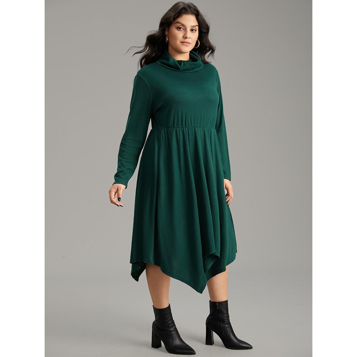 Plus Size Solid Turtleneck Hanky Hem Pocket Dress DarkGreen Women Casual Plain Turtleneck Long Sleeve Curvy Midi Dress BloomChic 22-24/3X Product Image