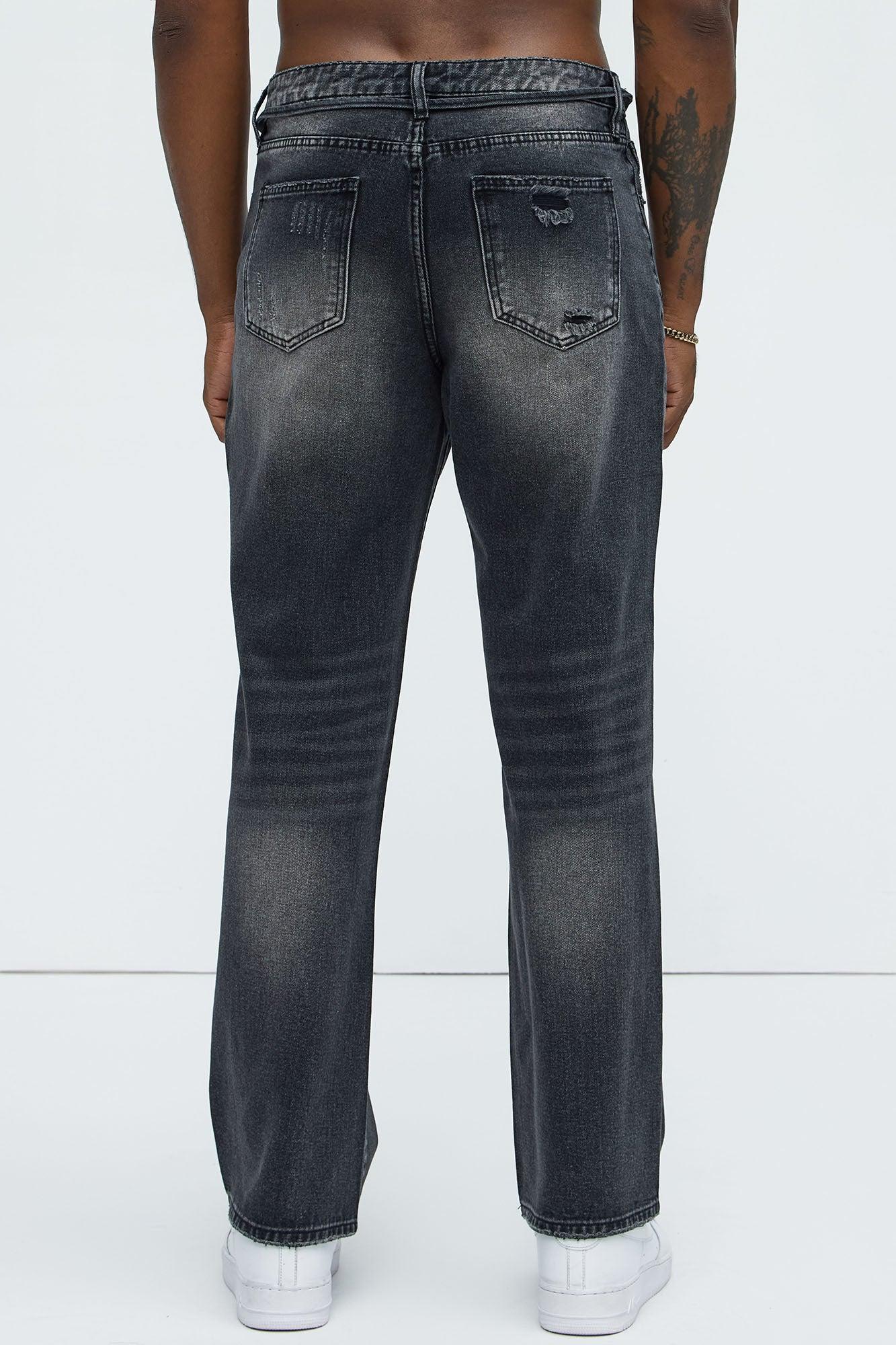 Drawstring Belt Straight Jeans - Black Wash Product Image