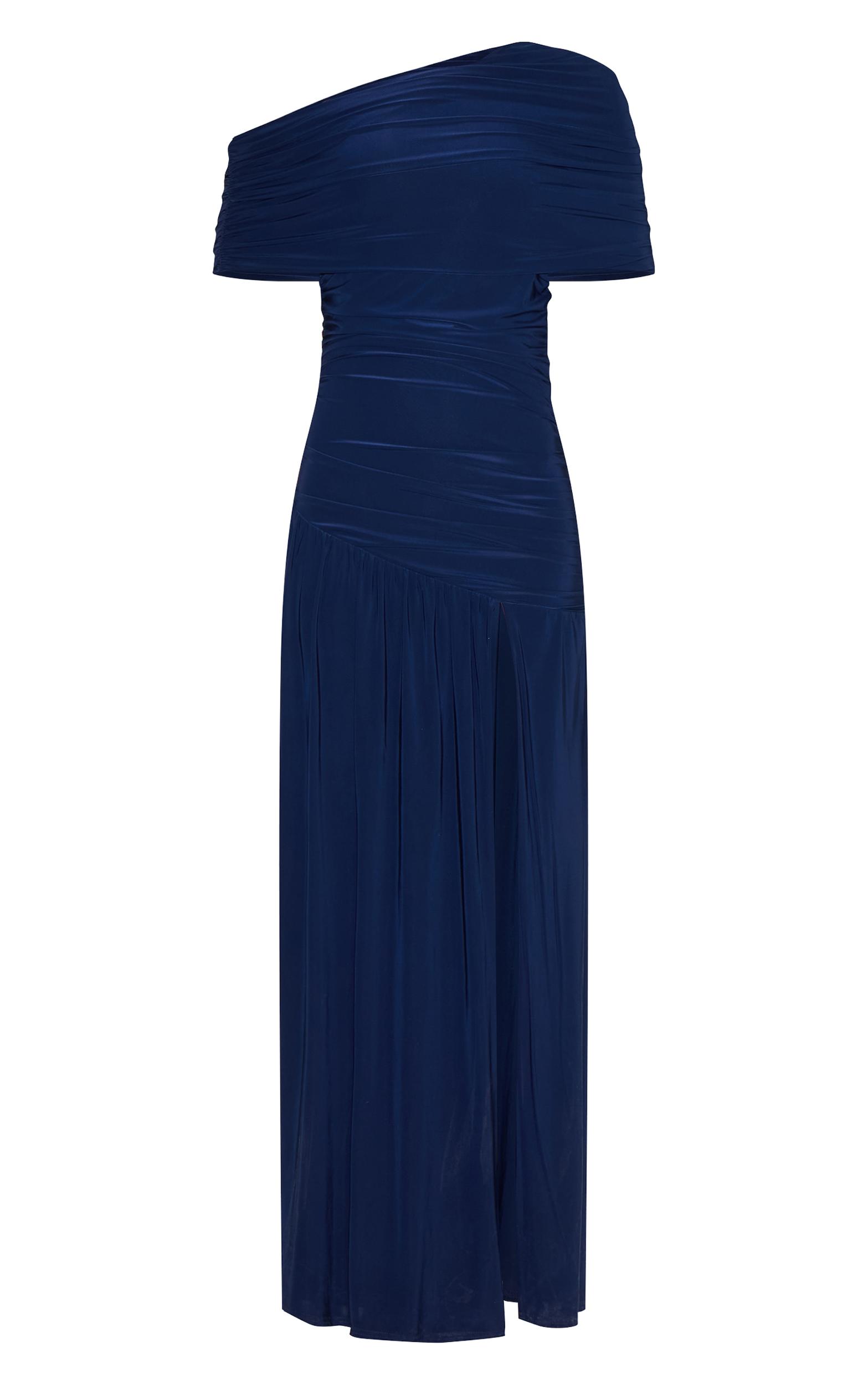 Navy Double Layer Slinky Bardot One Shoulder Ruched Maxi Dress Product Image