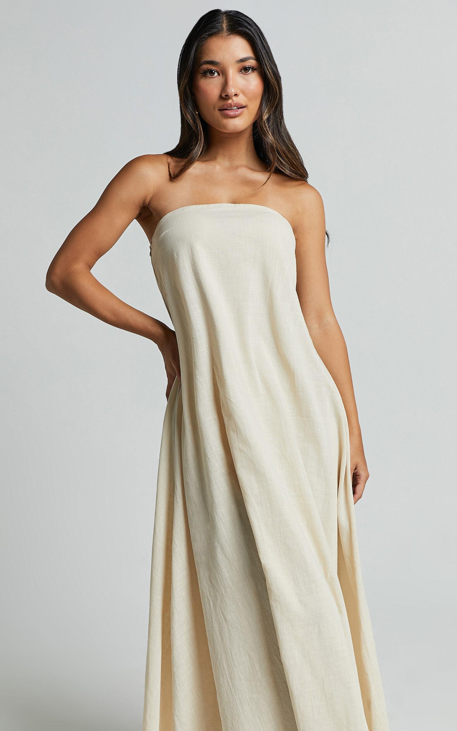Adessa Maxi Linen Blend Dress - Strapless A Line Dress in Beige Product Image