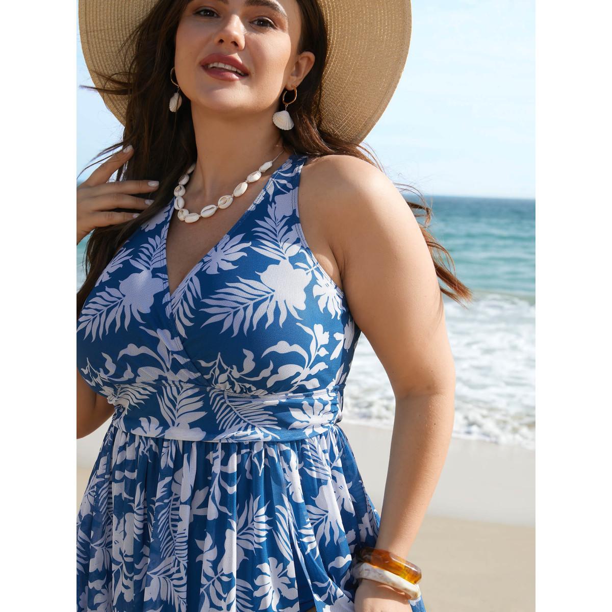 Plus Size Tropical Print Adjustable Slit Swim Dress Women's Swimwear Cerulean Beach Bodycon Overlap Collar High stretch Curve Swim Dresses BloomChic 18-20/2X Product Image
