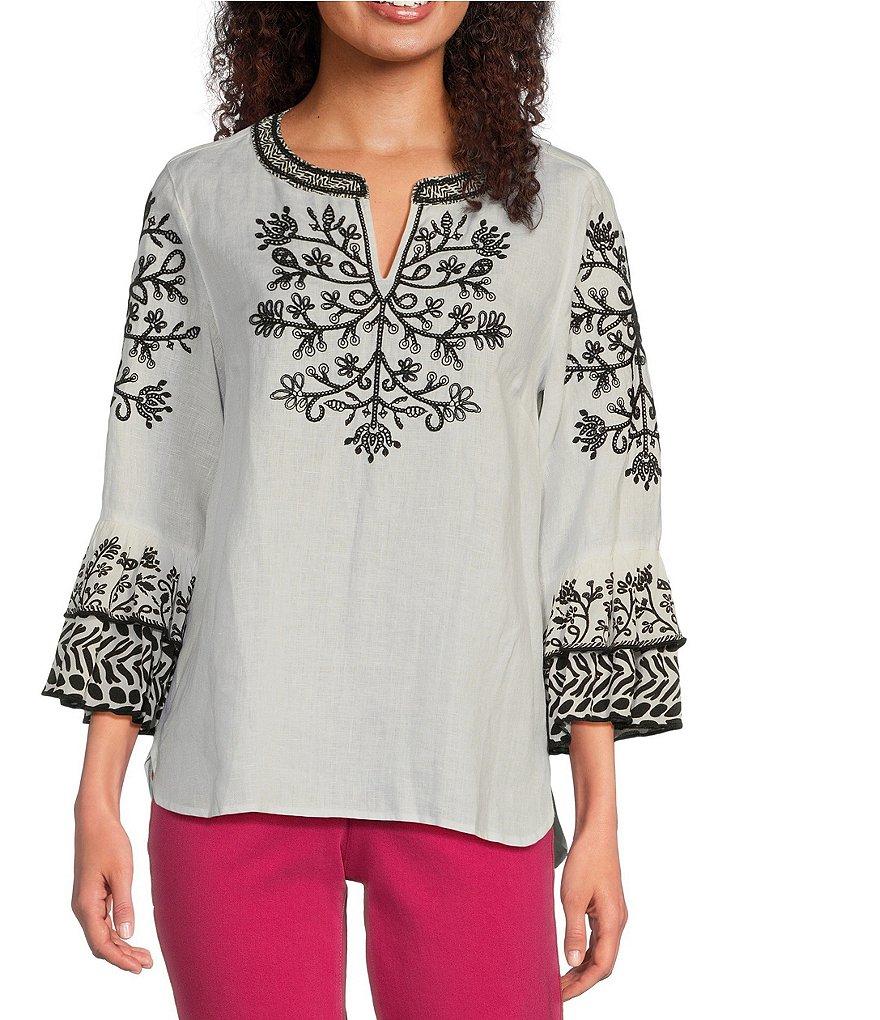 John Mark Linen Embroidered Split V-Neck 3/4 Sleeve Tunic Product Image
