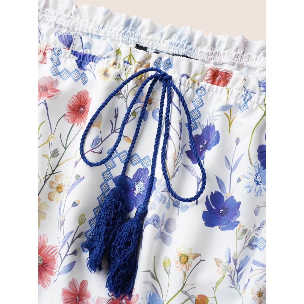 Plus Size Floral One Shoulder Neck Shirred Tassel Dress White Women Resort Tie knot One-shoulder neck Short sleeve Curvy BloomChic 26/4X Product Image