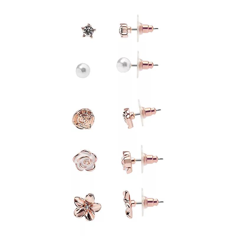 LC Lauren Conrad Rose Gold Tone 5-Pack Rose & Faux Pearl Post Earrings Set, Women's, White Product Image