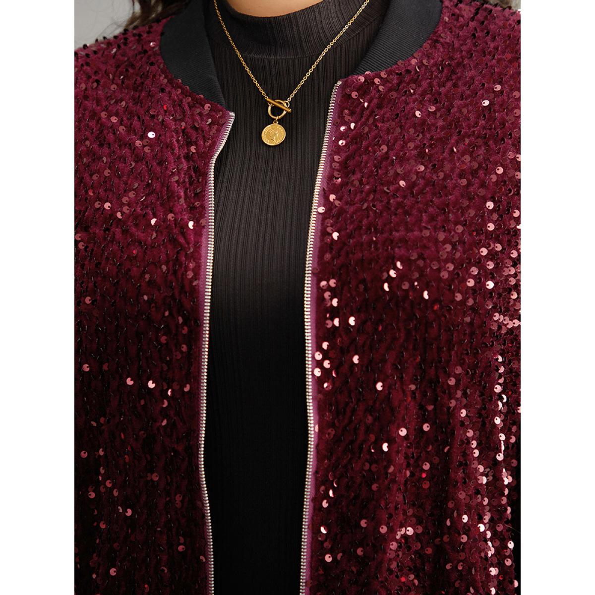 Plus Size Sequin Zipper Patchwork Contrast Bomber Jacket Women Burgundy Contrast Dailywear Jackets BloomChic 18-20/2X Product Image