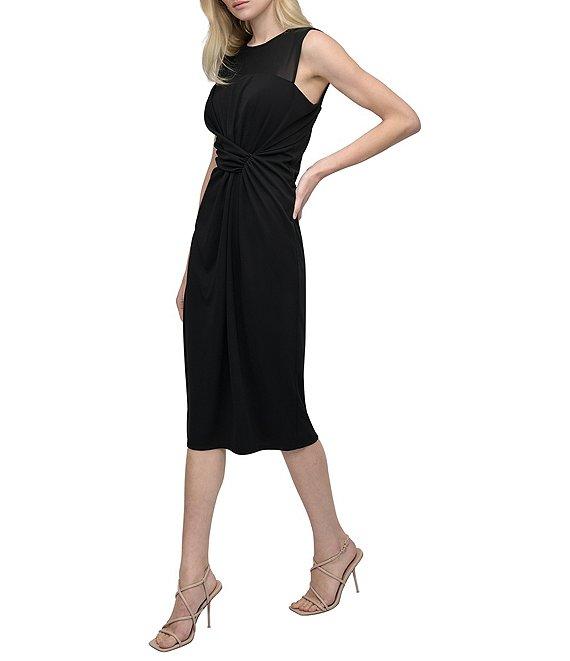 DKNY by Donna Karan Mesh Crew Neck Twisted Front Sheath Midi Dress Product Image