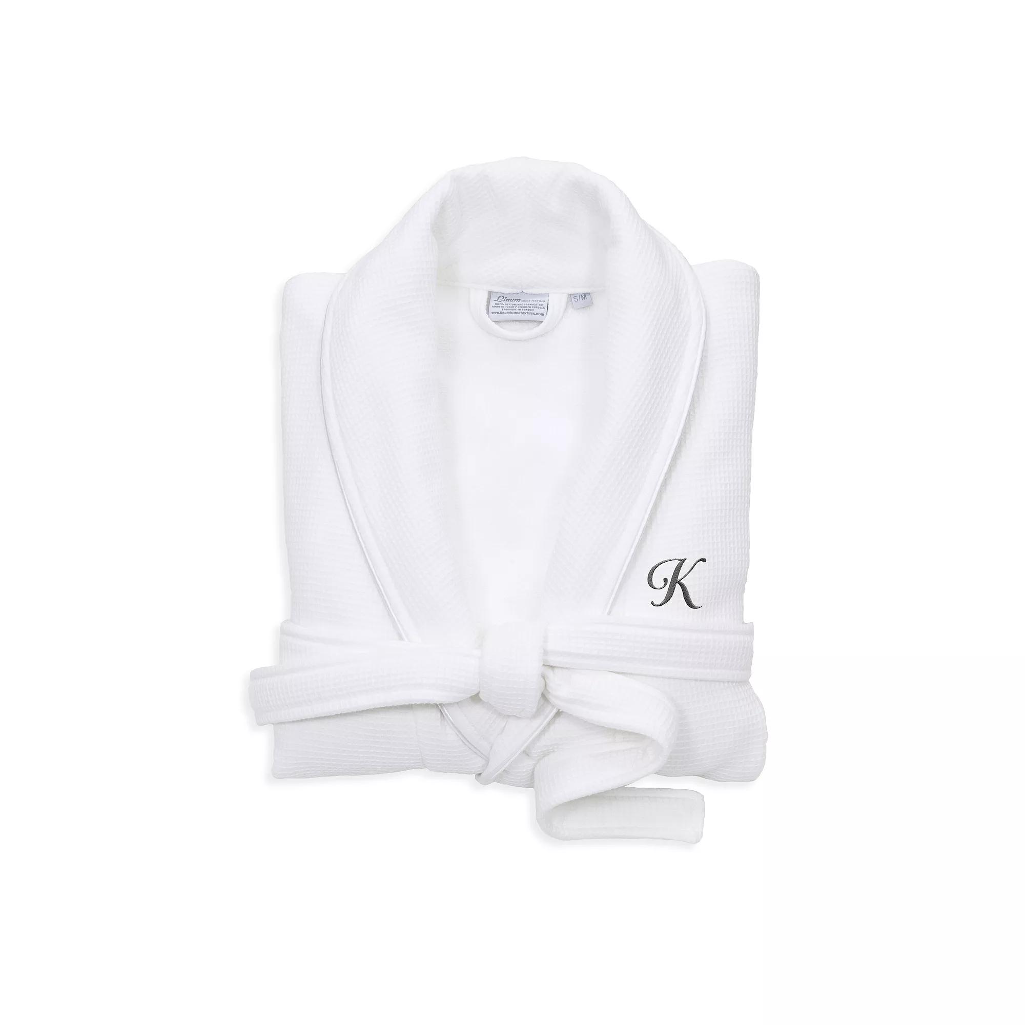Linum Home Textiles Turkish Cotton Personalized Satin Piped Trim Waffle Terry White Bathrobe, Adult Unisex,  Product Image