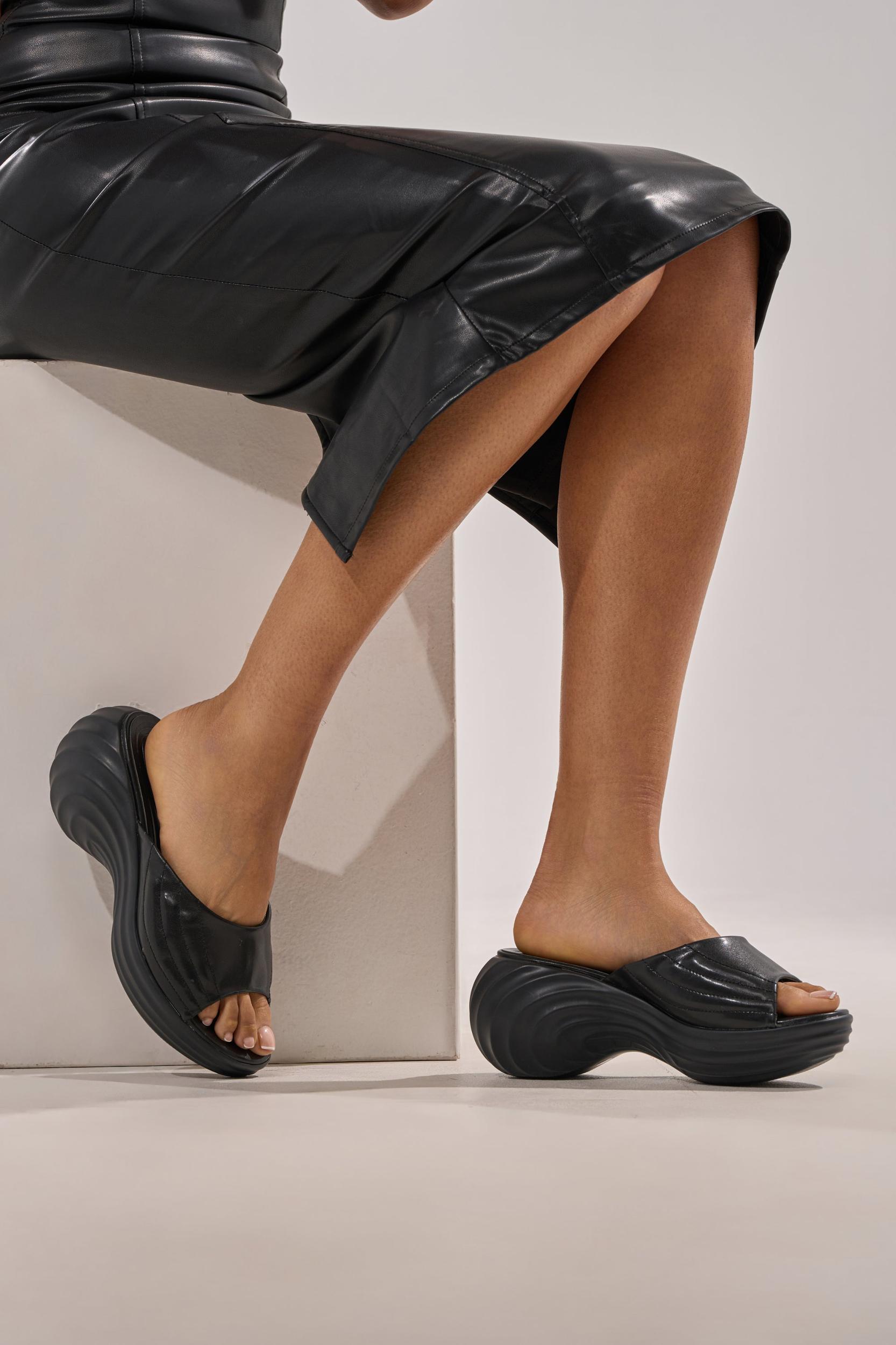 AZALEA WANG MIRAGE BLACK PU FLATFORM SLIP ON SANDAL Product Image