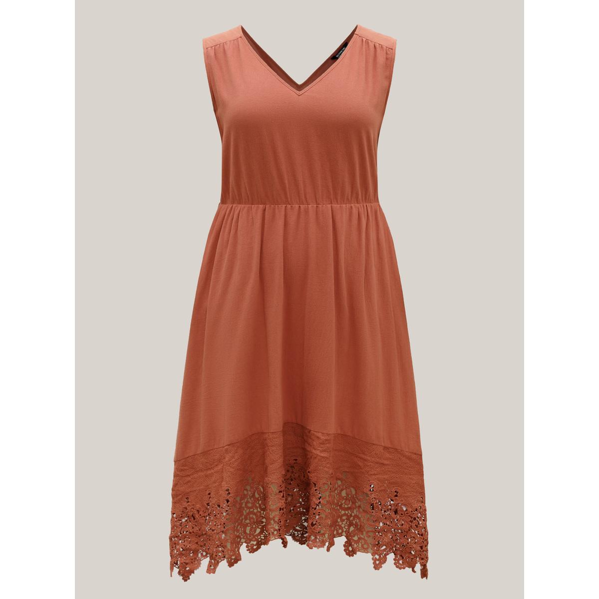 Plus Size Cotton Lace Trim High Low Hem Midi Dress Rust Women V-neck Sleeveless Curvy BloomChic 26/4X Product Image