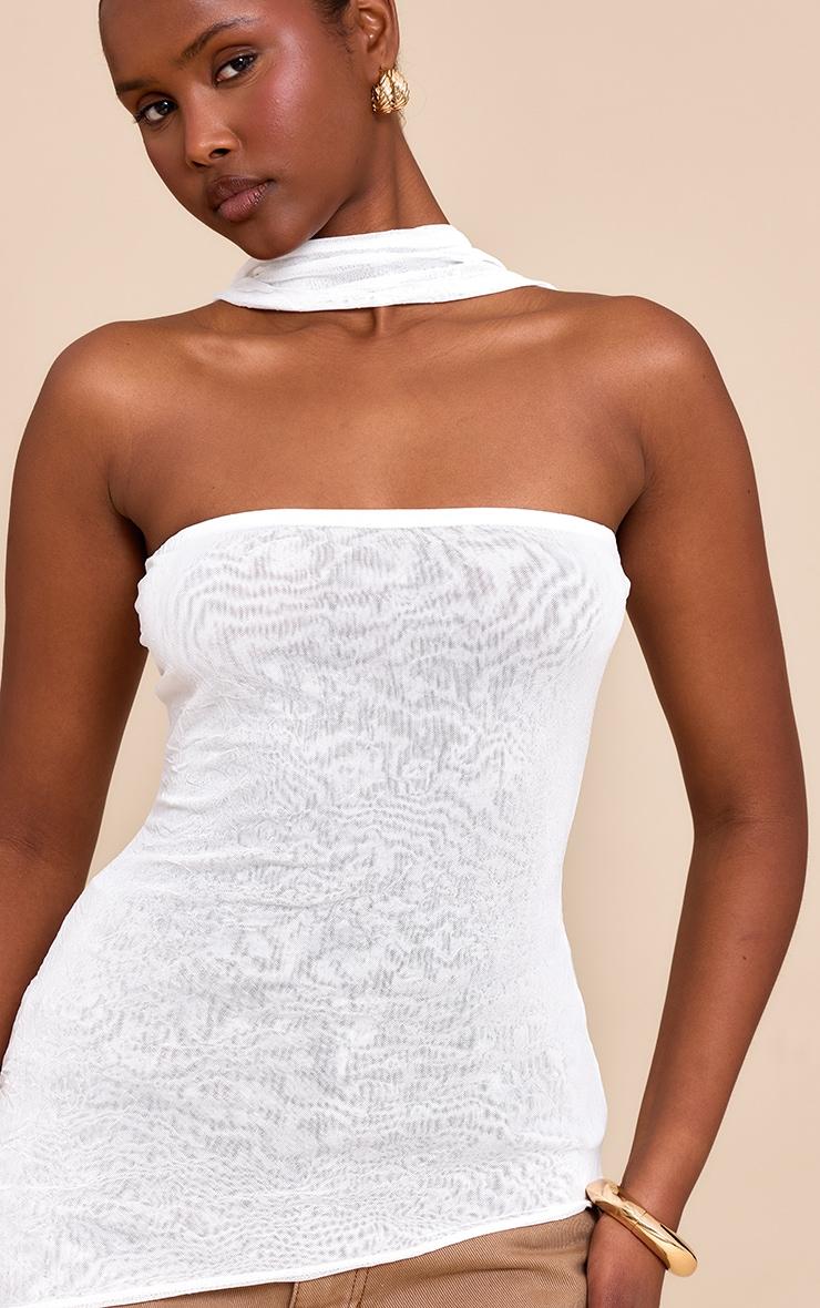 Cream Crinkle Mesh Scarf Detail Asymmetric Long Top Product Image