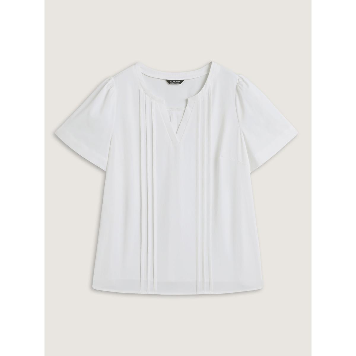 Plus Size Ivory Toothpick Pleats Notched Collar Solid Blouse Women Office Short sleeve Notched collar Office Blouses BloomChic 22-24/3X Product Image