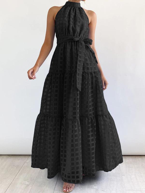 Loose Sleeveless Plaid Ribbed Stand Collar Maxi Dresses Product Image