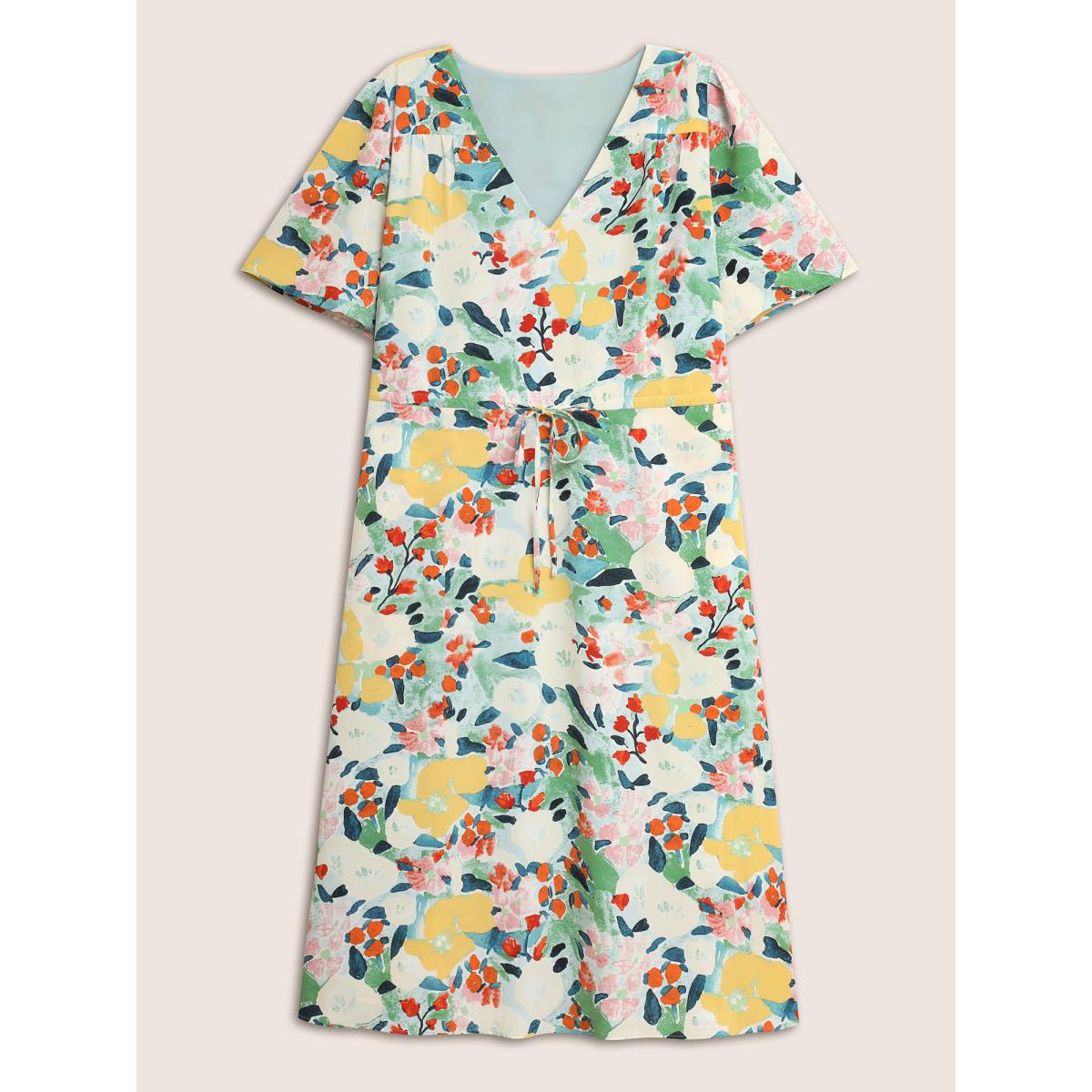 Plus Size Citrus Lemon Print Drawstring Gathered Dress Mint Women Elegant Drawstring V-neck Short sleeve Curvy Midi Dress BloomChic 10/M Product Image