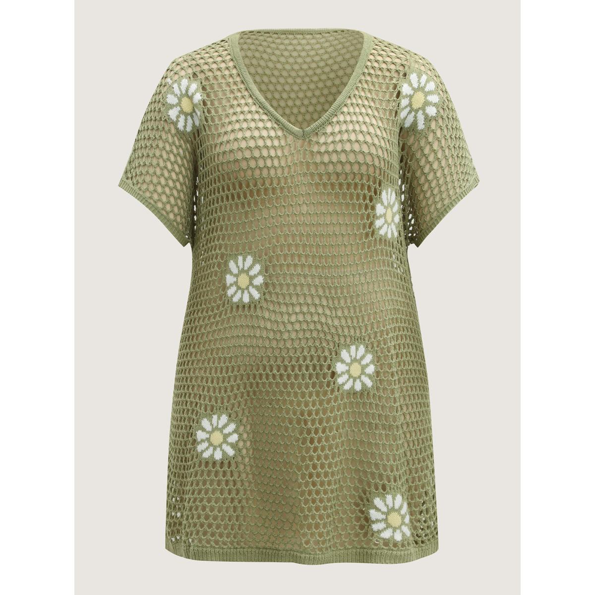 Plus Size Floral Jacquard Crochet Swim Cover-Up Women's Swimwear Greenbean Beach Loose Texture Curve Swim Cover Ups BloomChic 26/4X Product Image