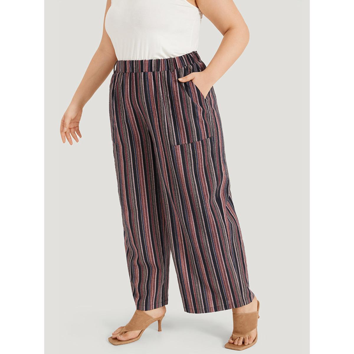 Plus Size Striped Print Pocket Elastic Waist Pants Women Indigo Resort Straight Leg High Rise Vacation Pants BloomChic 28/5X Product Image
