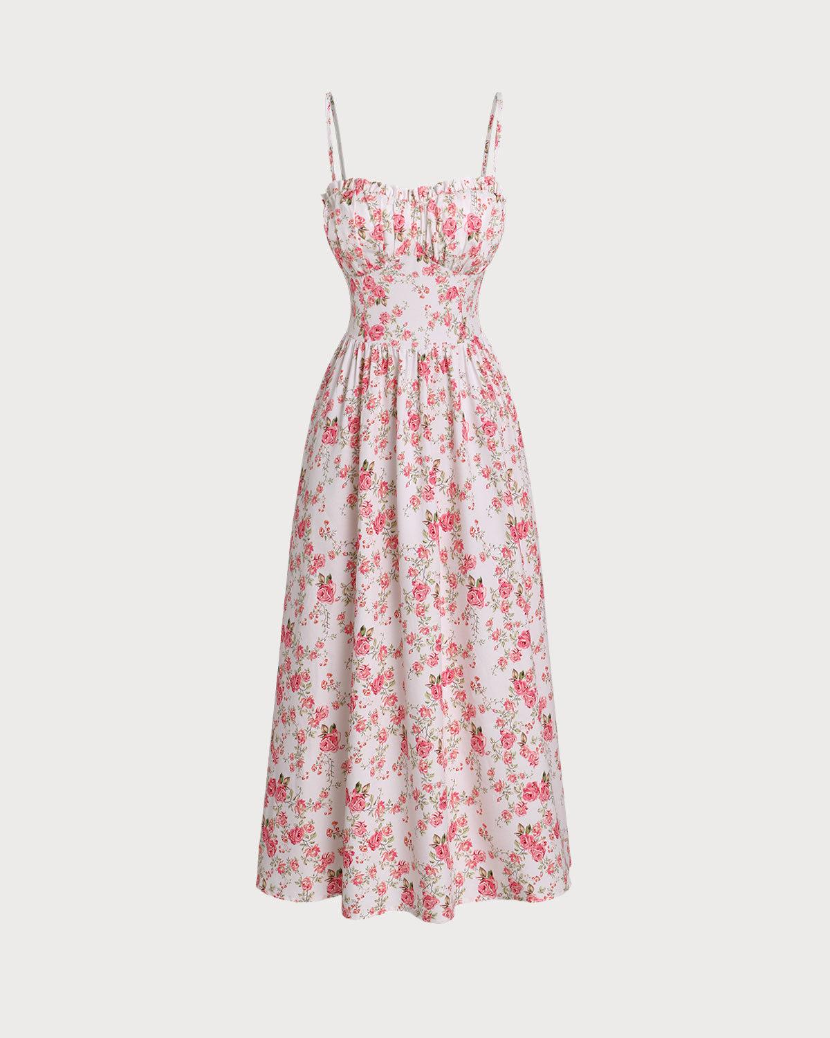 Pink Floral Sweetheart Neck Shirred Slip Midi Dress Product Image