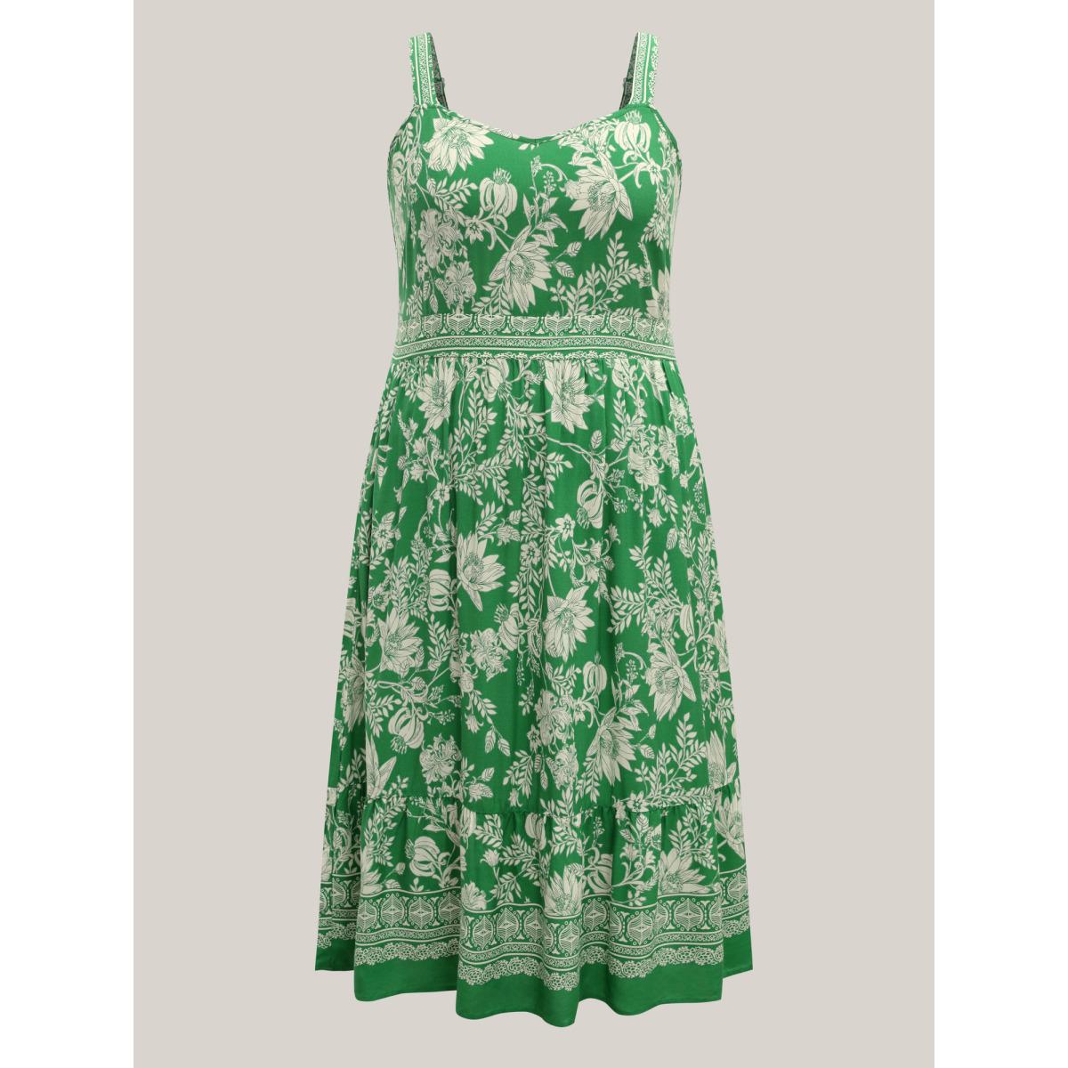 Plus Size Breezy Floral Print Adjustable Straps Midi Dress Emerald Women Non Sleeveless Curvy BloomChic 14-16/1X Product Image