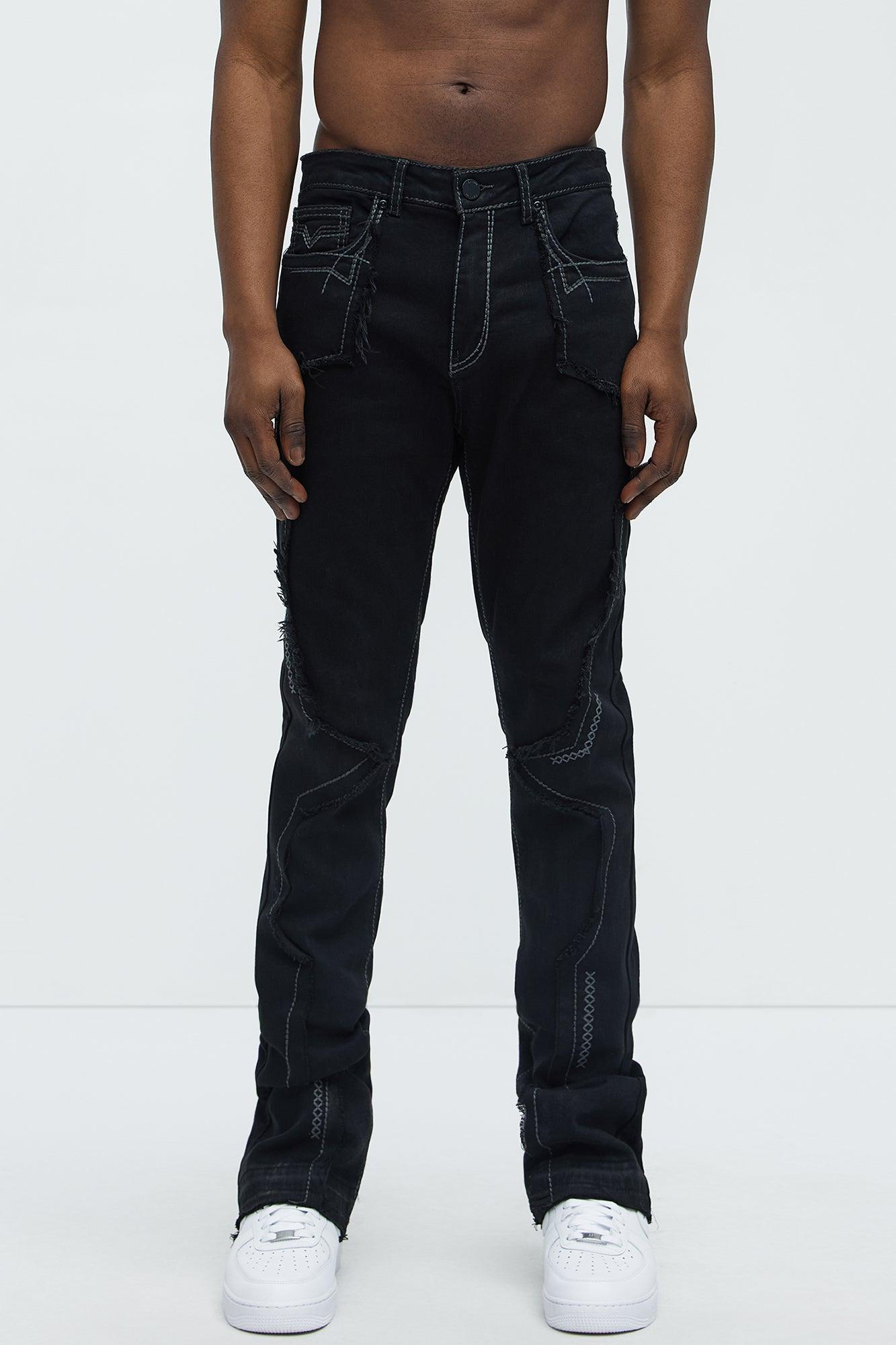 Stacked Skinny Flare Taking It Back Contrast Stitched Fray Jeans - Black Product Image