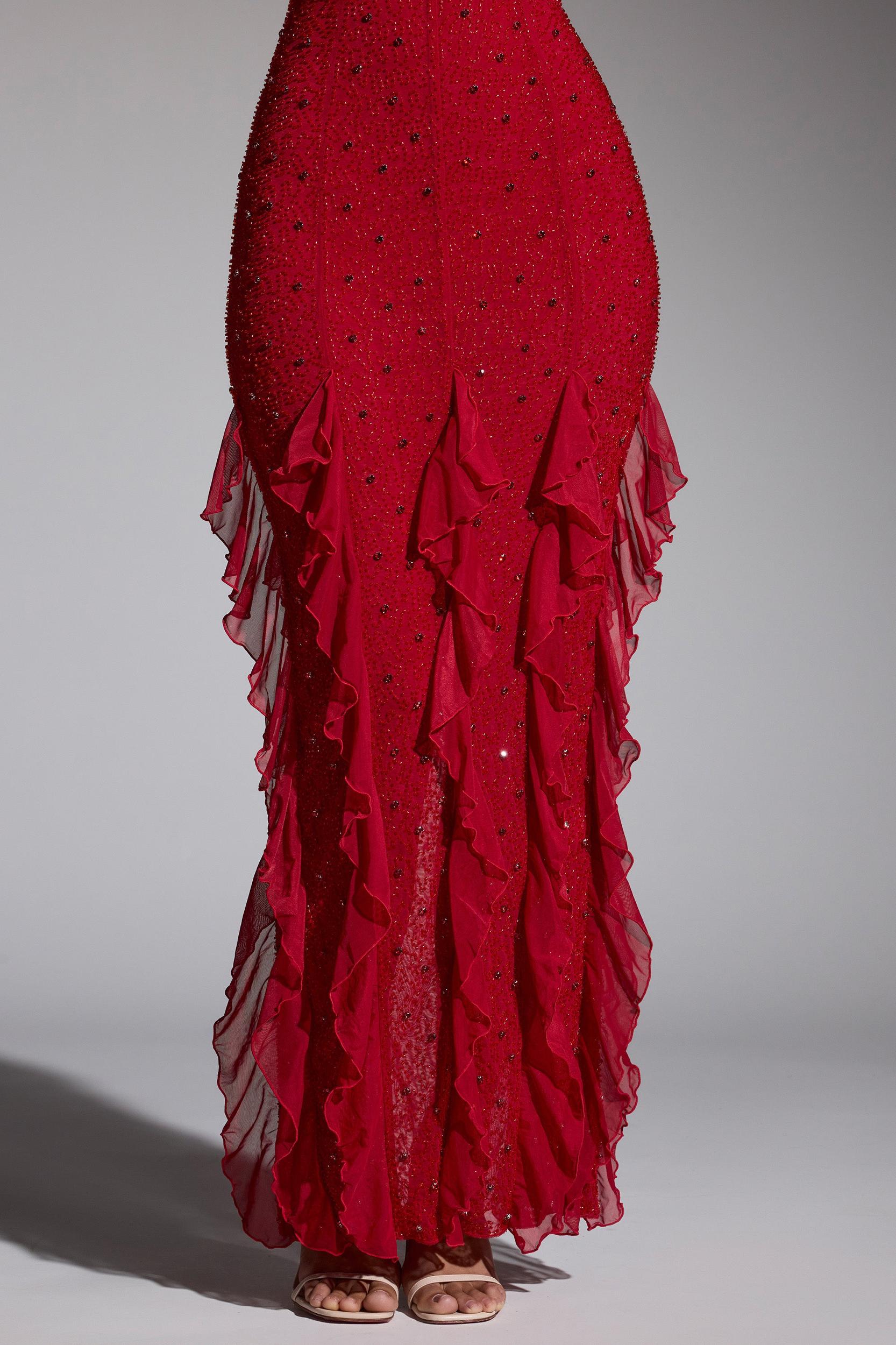 Embellished Halter Neck Ruffle Maxi Dress in Red Product Image