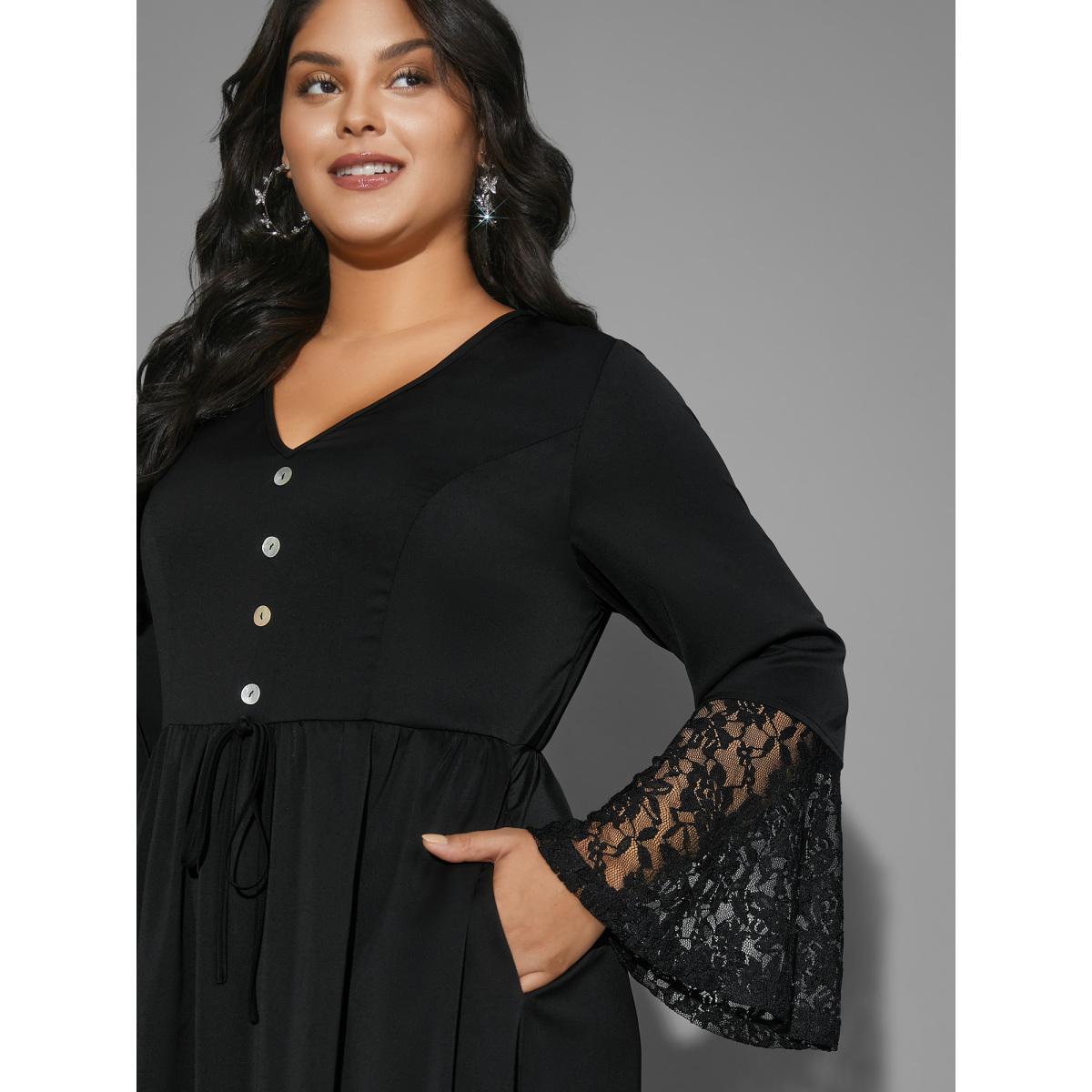 Plus Size Lace Patchwork Button Detail Tie Knot Dress Black Women Cocktail Woven ribbon&lace trim Party Curvy Bloomchic 18-20/2X Product Image