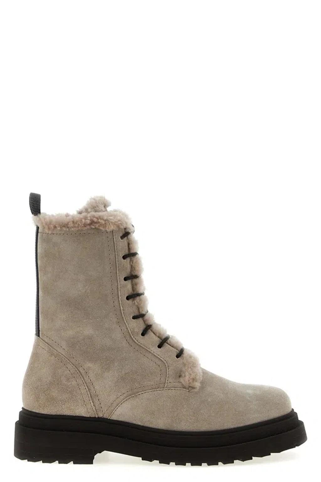 BRUNELLO CUCINELLI Chunky Sole Suede Combat Boots Monile In Neutral Product Image