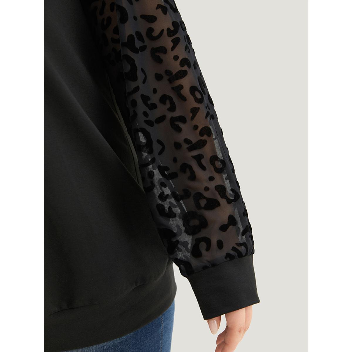 Plus Size Leopard Mesh Patchwork Round Neck Sweatshirt Women Black Elegant Elastic cuffs Round Neck Dailywear Sweatshirts BloomChic 12/L Product Image