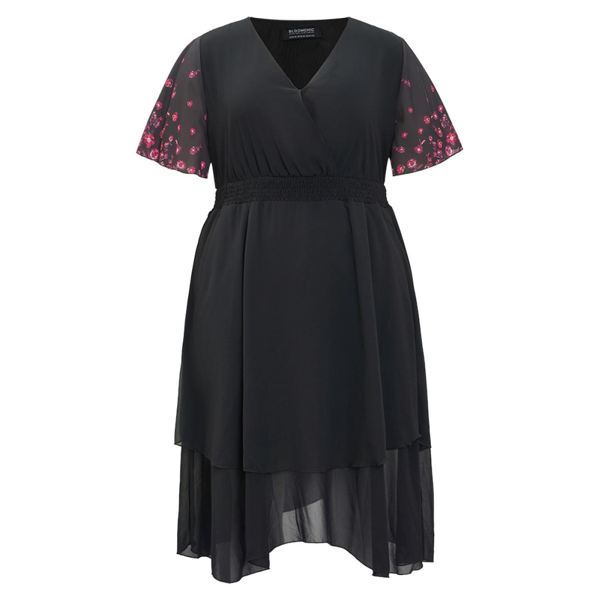Plus Size Ditsy Floral Shirred Surplice Neck Pocket Mesh Ruffle Hem Dress Black Women Elegant Patchwork V-neck Short sleeve Curvy Midi Dress BloomChic 30/6X Product Image