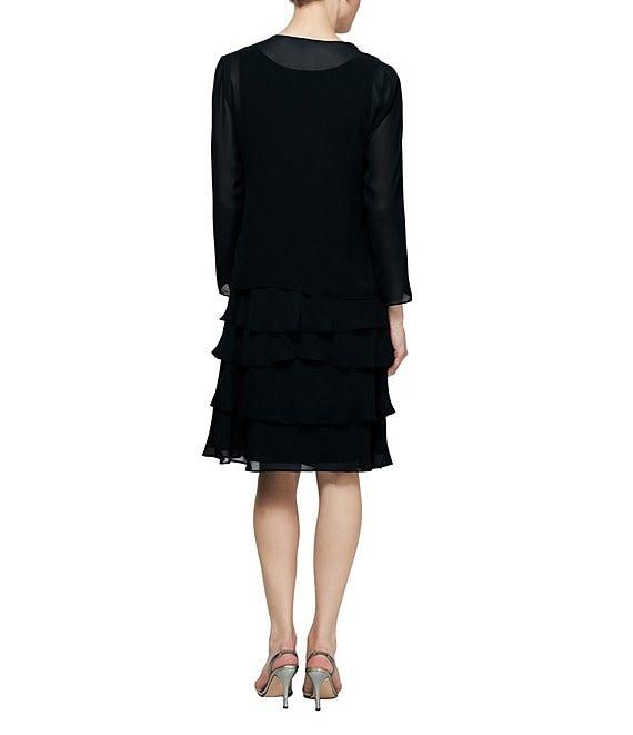 Ignite Evenings Petite Size Sequin Trim Scoop Neck Long Sleeve Tiered Jacket Dress Product Image