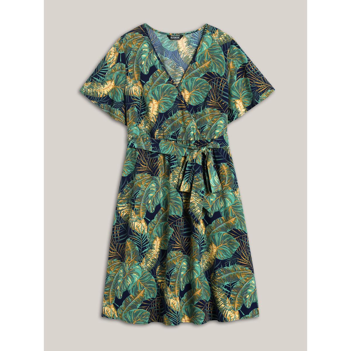 Plus Size Tropical Print Belted Pocket Midi Dress Navy Women Resort Overlap Collar Short sleeve Curvy BloomChic 26/4X Product Image