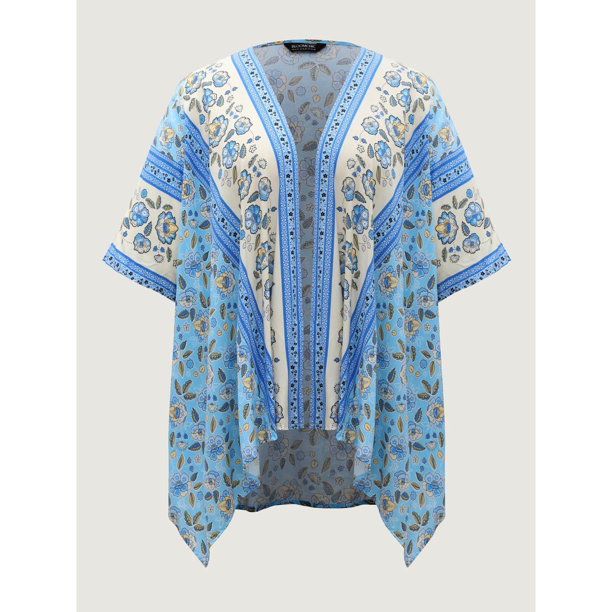 Plus Size Floral Color Block Breezy Kimono Women LightBlue Asymmetrical Loose Vacation Kimonos BloomChic 26/4X Product Image