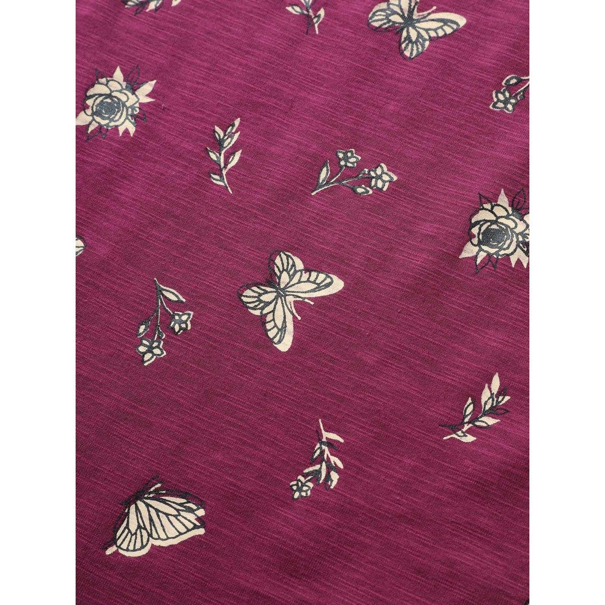 Plus Size Butterfly Print Cuffed Sleeve T-shirt Purple Women Resort Non Animal Round Neck Vacation T-shirts BloomChic 30/6X Product Image