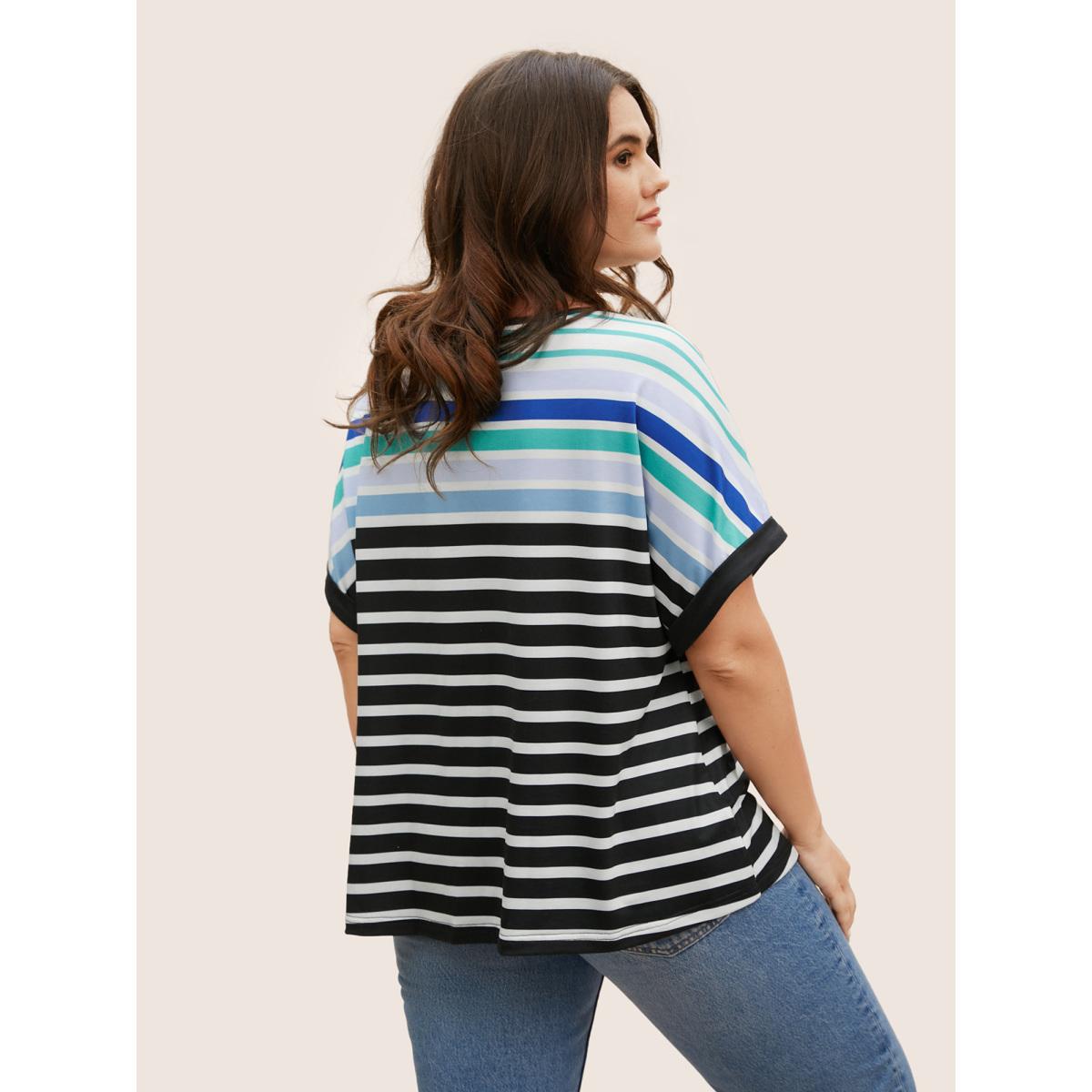 Plus Size Colored Striped Boat Neck Batwing Sleeve T-shirt Black Women Casual Contrast Boat Neck Everyday T-shirts BloomChic 30/6X Product Image