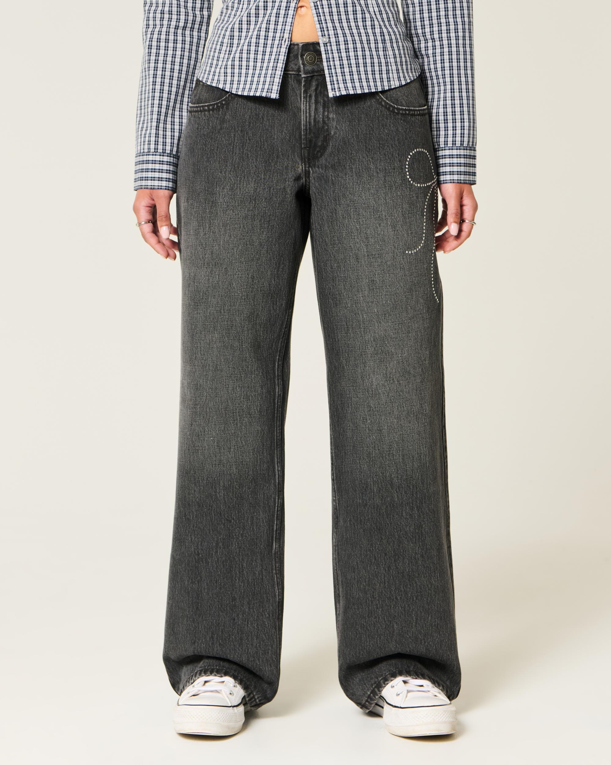 Low-Rise Washed Black Shine Bow Baggy Jeans Product Image