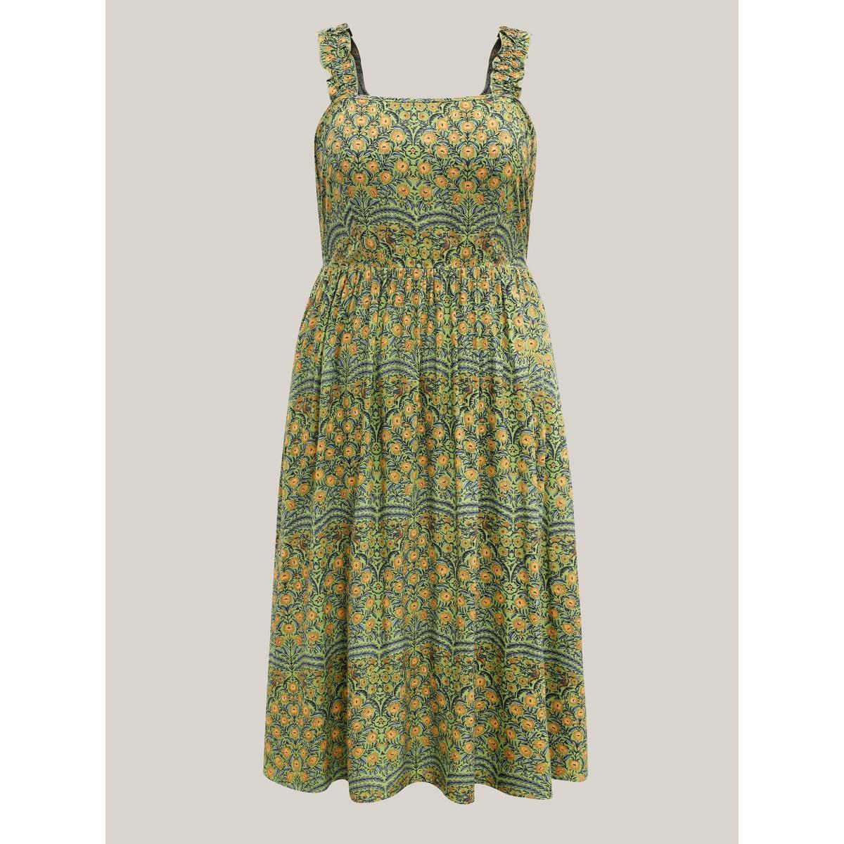 Plus Size Rayon Floral Print High Waisted Midi Dress Olive Women Square Neck Sleeveless Curvy BloomChic 18-20/2X Product Image