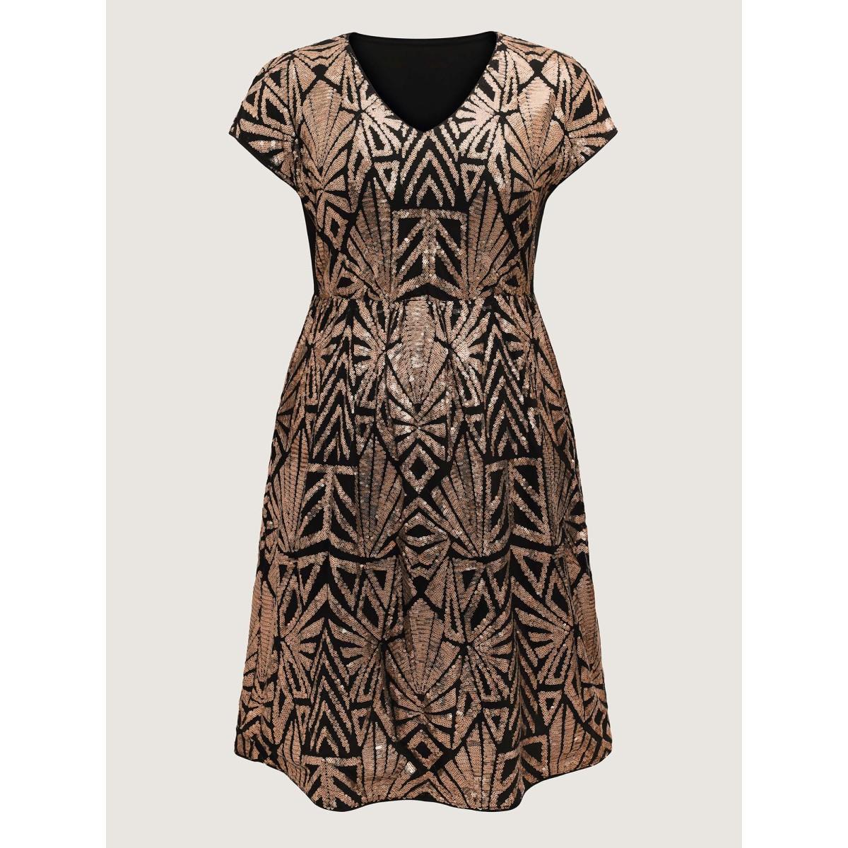 Plus Size Geometric Sequin Dolman Sleeve Midi Dress Black Women Cocktail Non V-neck Cap Sleeve Curvy BloomChic 12/L Product Image