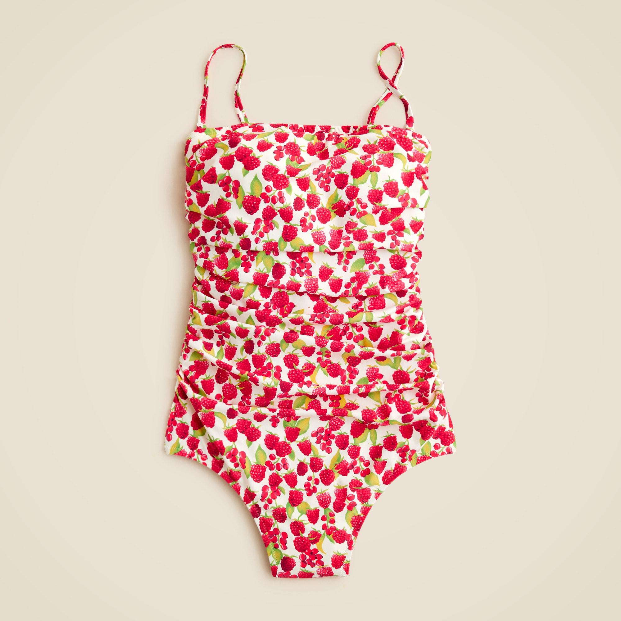 Gemma ruched bandeau one-piece swimsuit in raspberry print Product Image
