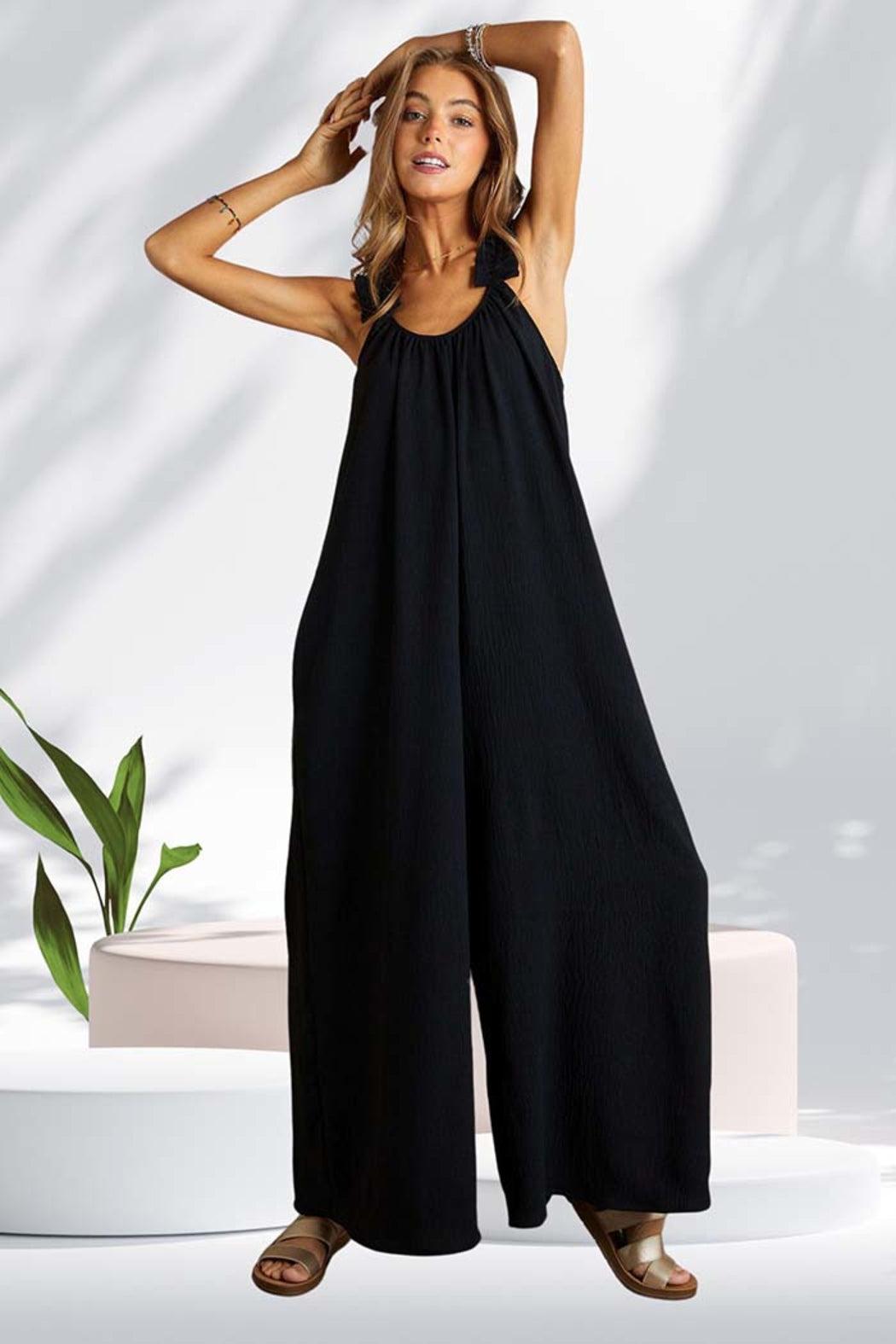 ELASTIC RUFFLE SHOULDER JUMPSUIT Product Image