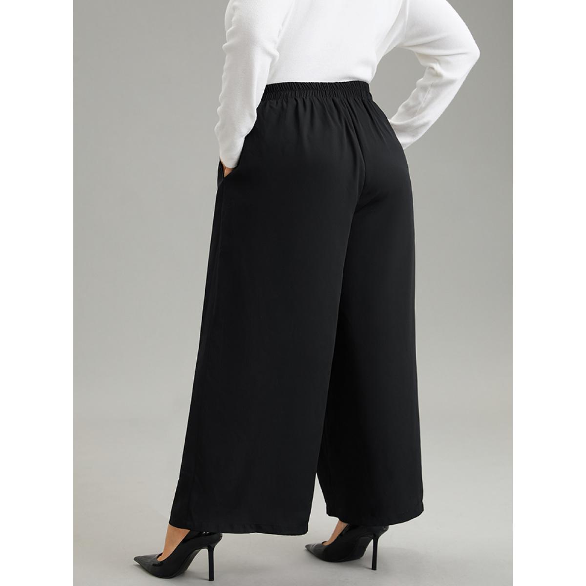 Plus Size Solid Chiffon Elastic Waist Wide Leg Pants Women Black Elegant Wide Leg High Rise Dailywear Pants BloomChic 10/M Product Image
