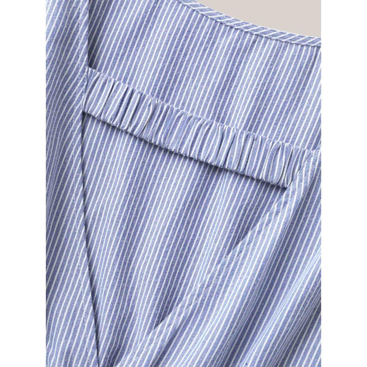 Plus Size LightBlue Backless Bow Tie Stripe Print Cinched Blouse Women Leisure Half Sleeve Boat Neck Casual Blouses BloomChic 26/4X Product Image