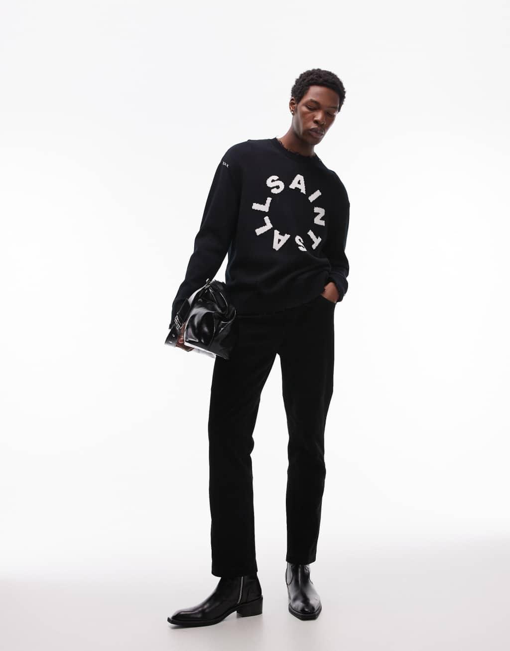 AllSaints Diageo logo distressed knit sweater in black Product Image