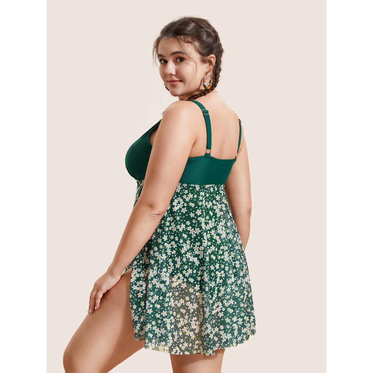 Plus Size Overlap Collar Ditsy Floral Slit Hem Swim Dress Women's Swimwear DarkGreen Beach Bodycon Overlap Collar High stretch Curve Swim Dresses BloomChic 12/L Product Image