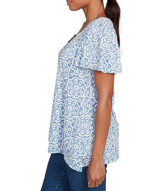 Ruby Rd. Petite Size Embellished Beaded Macrame Scoop Neck Short Sleeve Top Product Image