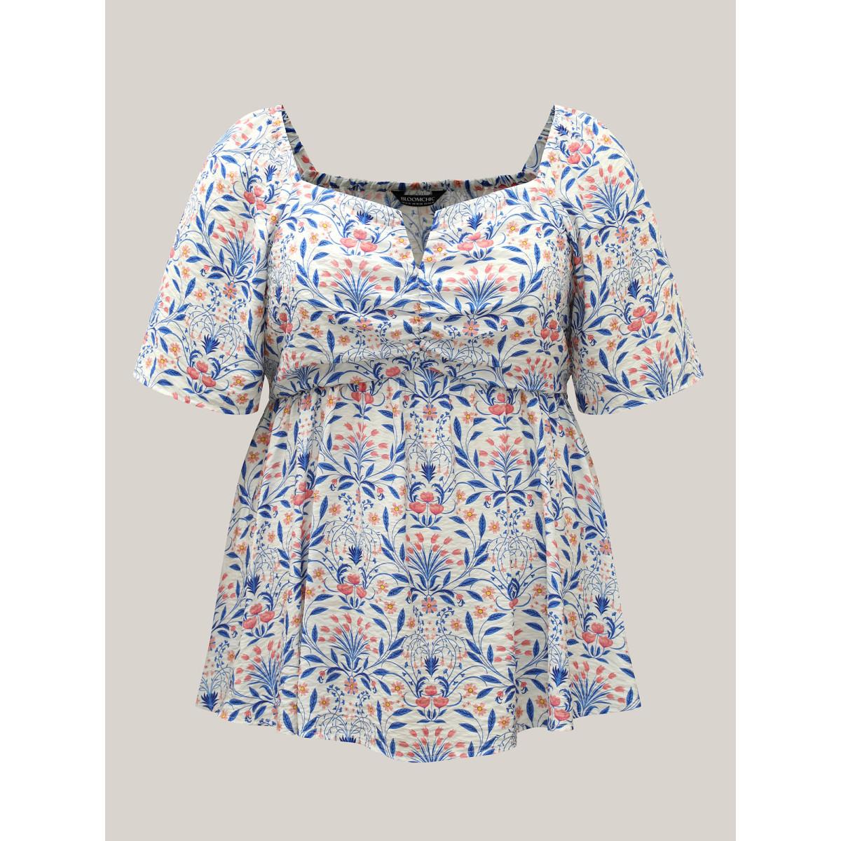 Plus Size Skyblue Floral Print Ruched Bodice Blouse Women Timeless Half Sleeve Notched collar Elegant Blouses BloomChic 26/4X Product Image