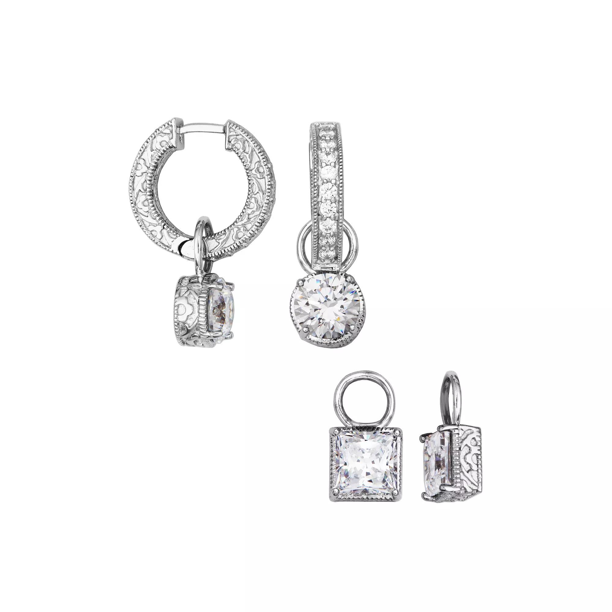 Rhodium Plated Sterling Silver Cubic Zirconia Hanging Charm Hinged Hoop Earrings, Women's Product Image