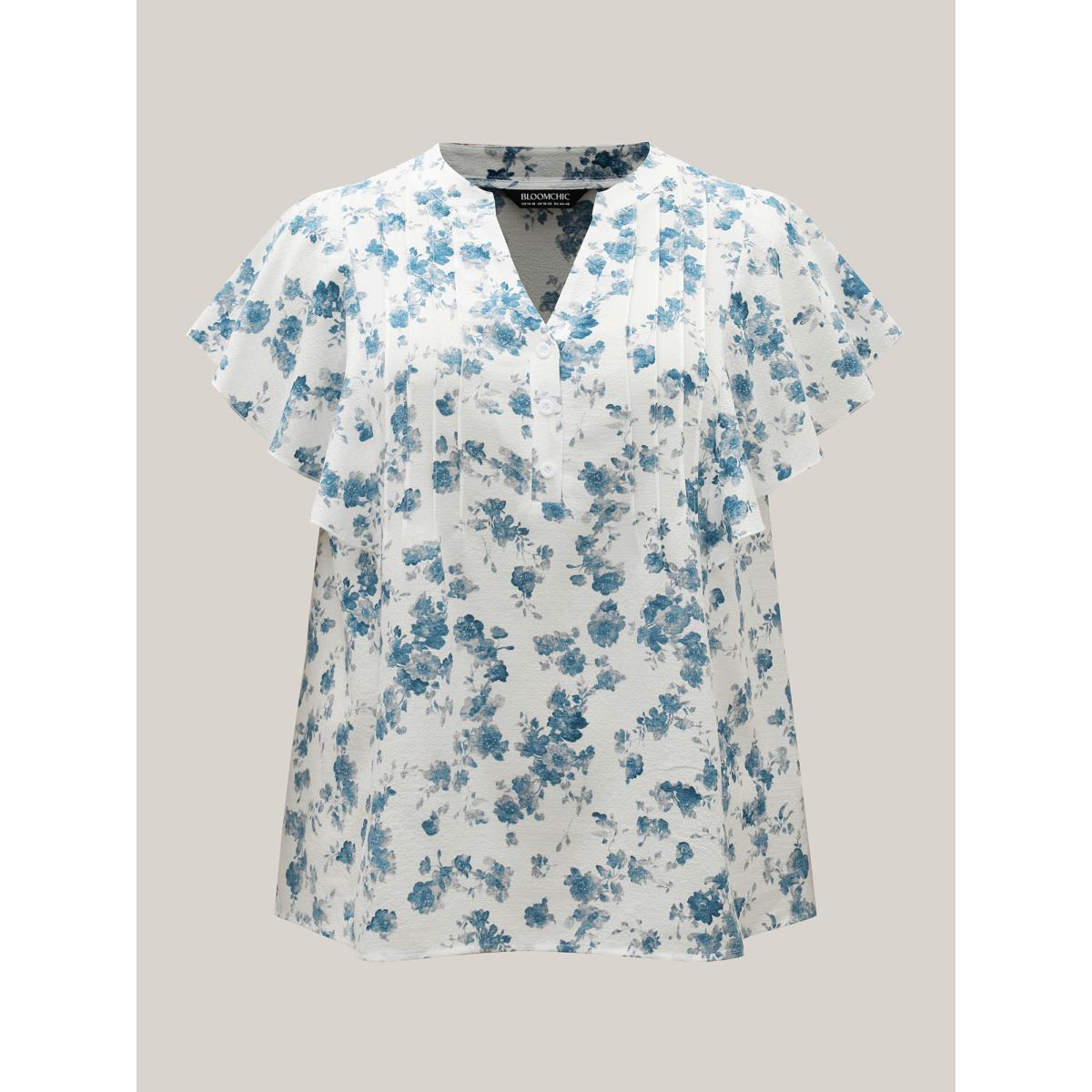 Plus Size Originalwhite Floral Toothpick Pleat Sheer Blouse Women Romantic Short sleeve Notched collar Elegant Blouses BloomChic 14-16/1X Product Image