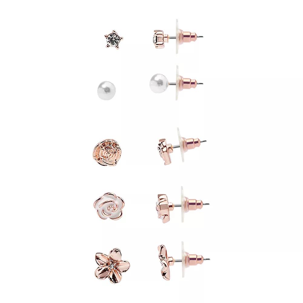LC Lauren Conrad Rose Gold Tone 5-Pack Rose & Faux Pearl Post Earrings Set, Women's, White Product Image